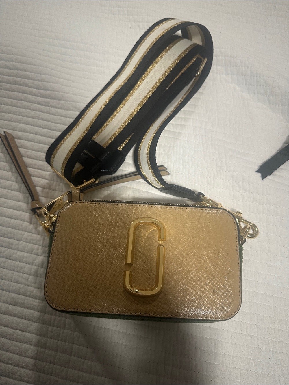 Marc Jacobs Gold Saffiano Camera Crossbody with Striped Strap